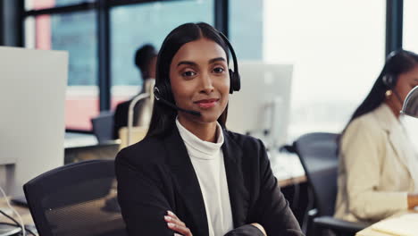 happy woman, call center and headphones