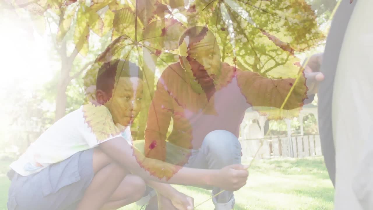 잎 위 에 텐트 를 준비 하는 아프리카계 미국인 아버지 와 아들 의 애니메이션