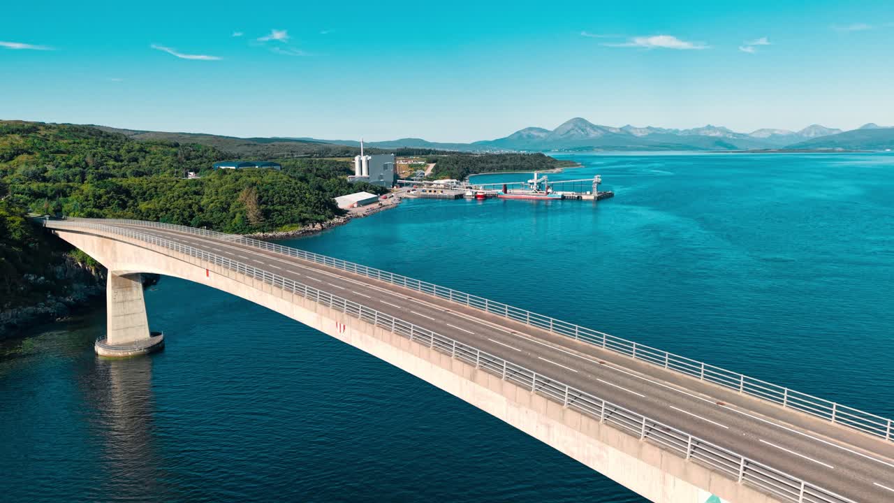 Scenic Bridge over the Sea with Mountains