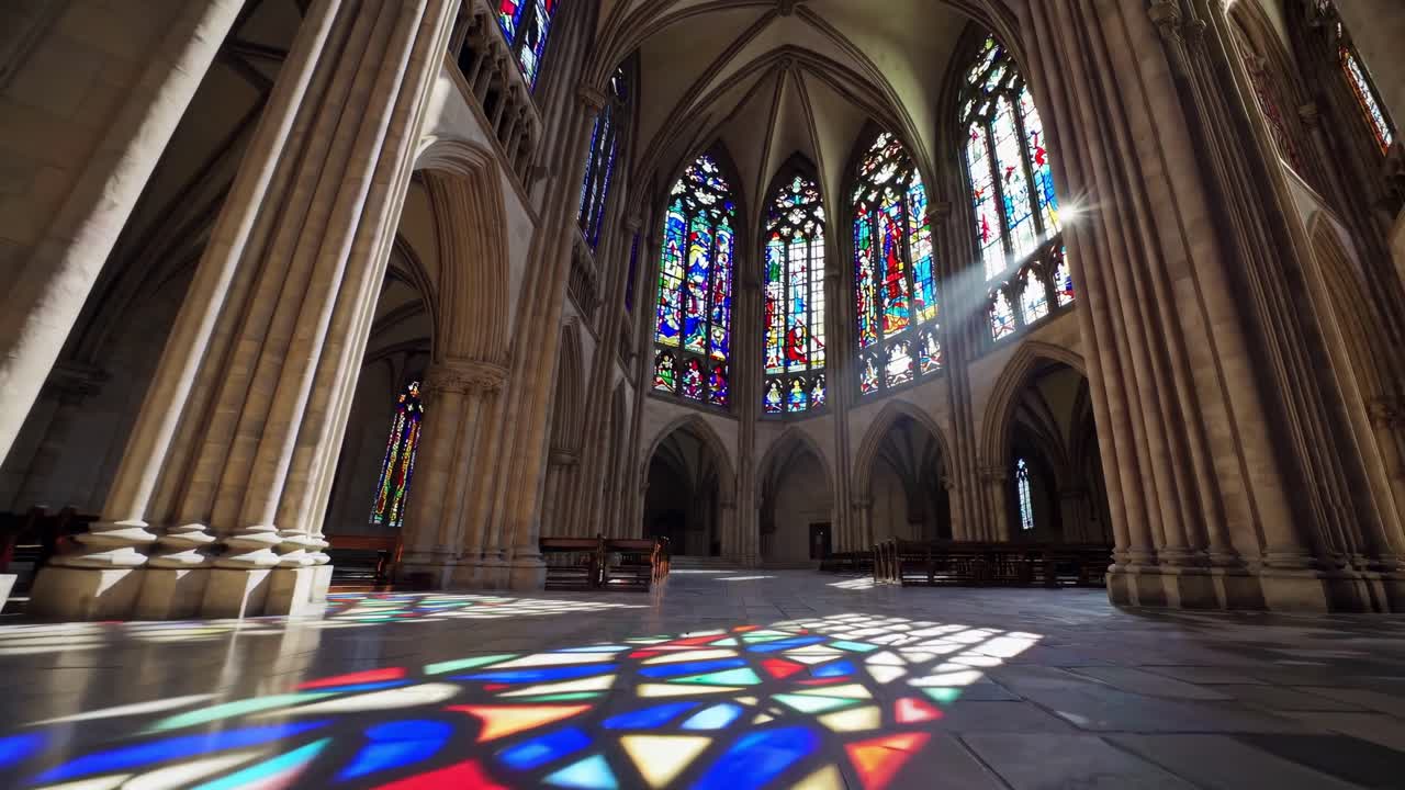 Wide-angle video captures sunlight streaming through stained glass in a cathedral, casting colorful