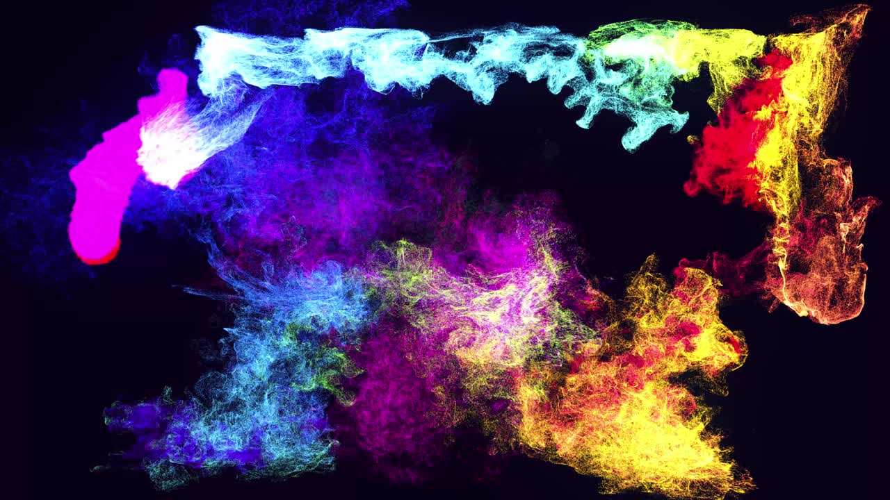 colorido hermoso bg con partículas mágicas lambent. partículas de brillo se extienden como efecto de tinta. luma mate como canal alfa. emisor emiten remolino de partículas de brilla forman la estructura de la nube de tinta.