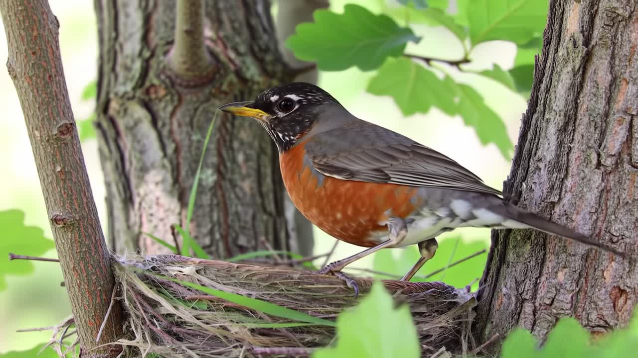 A Mother Bird Attends to Her Nest, Nurturing Her Young with Care Amidst the Protective Embrace of Nature's Green Foliage