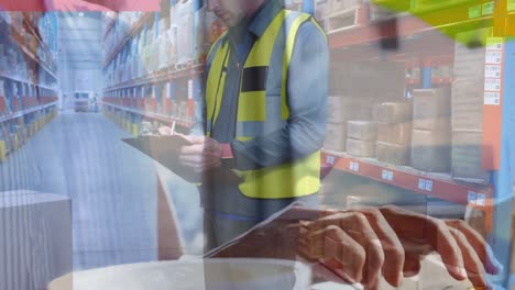 animation of caucasian woman using laptop over caucasian male worker in warehouse