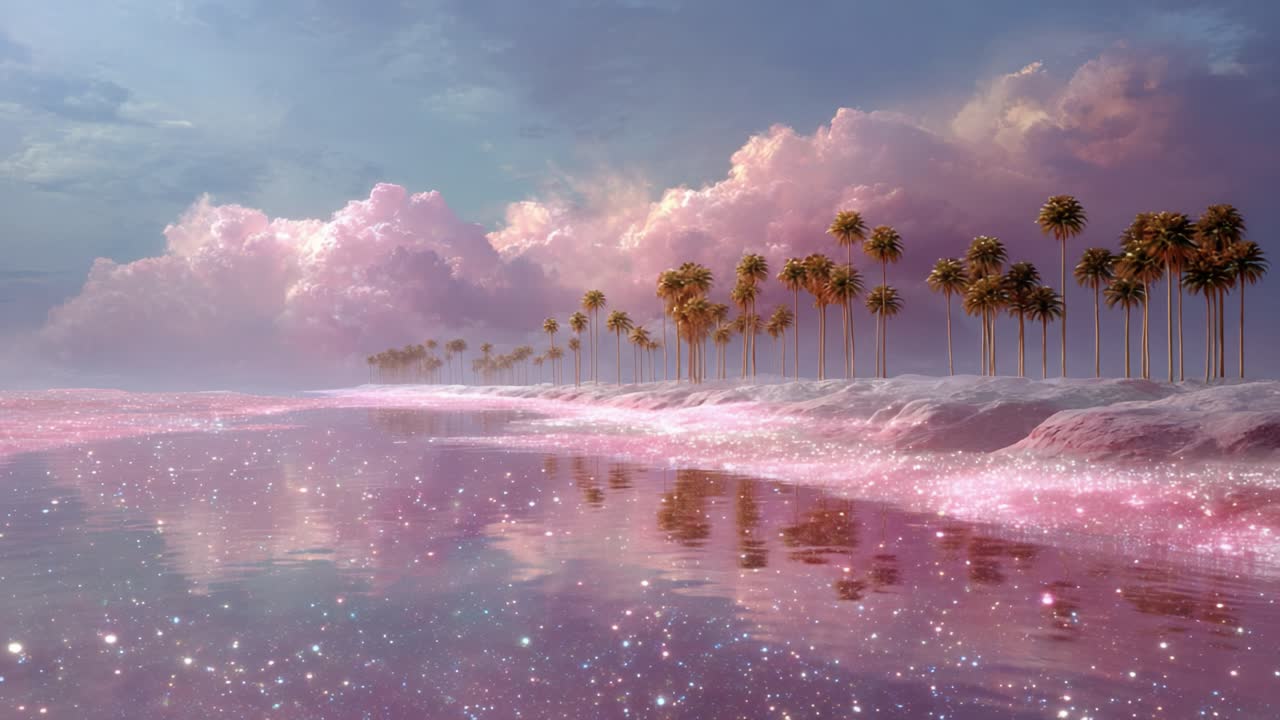 A Serene Sanctuary of Glamorous Palm Trees Reflecting in a Sparkling Pink Lagoon Under a Dreamy Sky Filled with Pastel Clouds