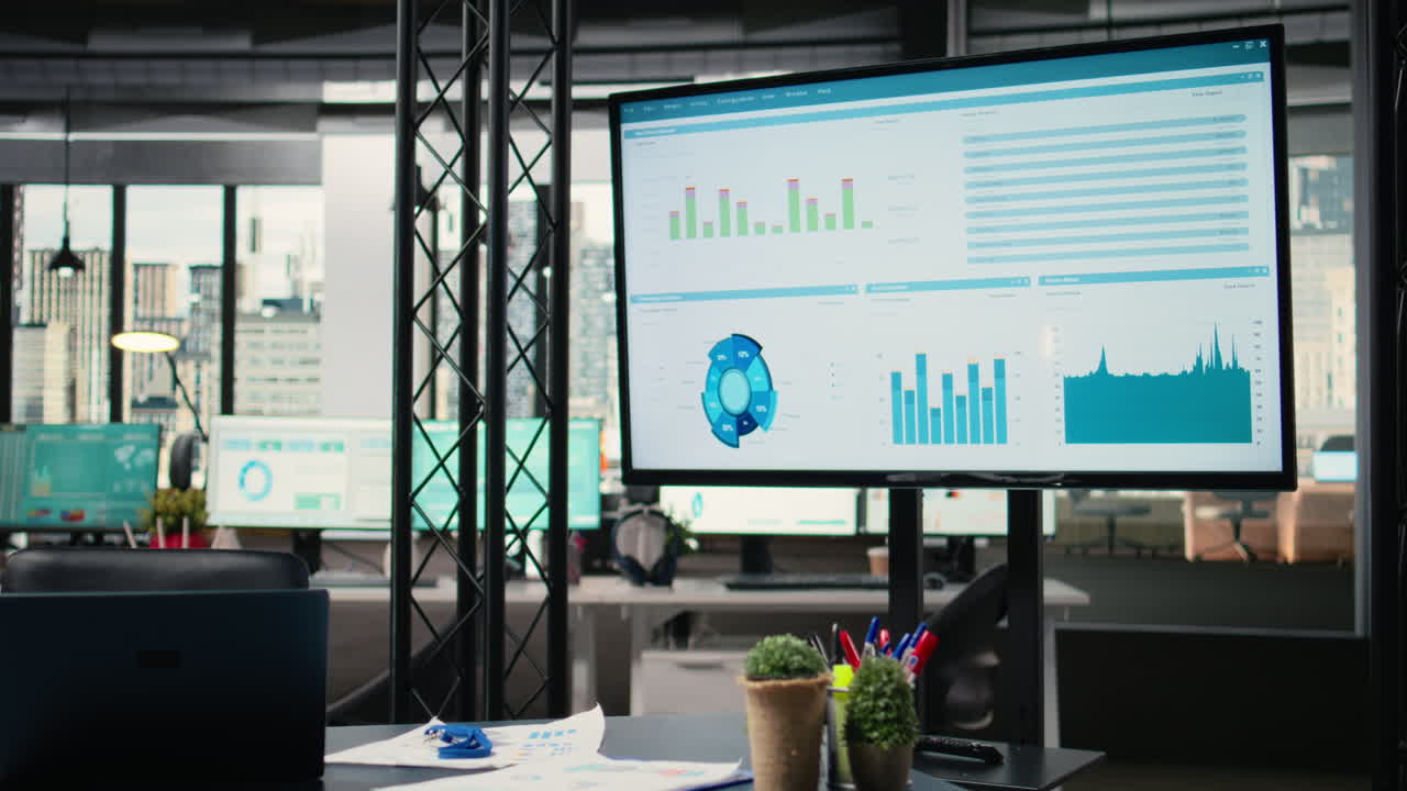 Vertical Video Sleek boardroom empty with technology and business documents