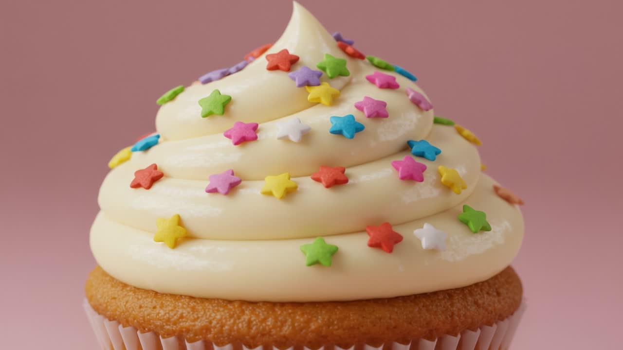 Deliciously Decorated Cupcake with Colorful Star Sprinkles and Creamy Frosting Captured in Sweet Close-Up for Dessert Inspiration