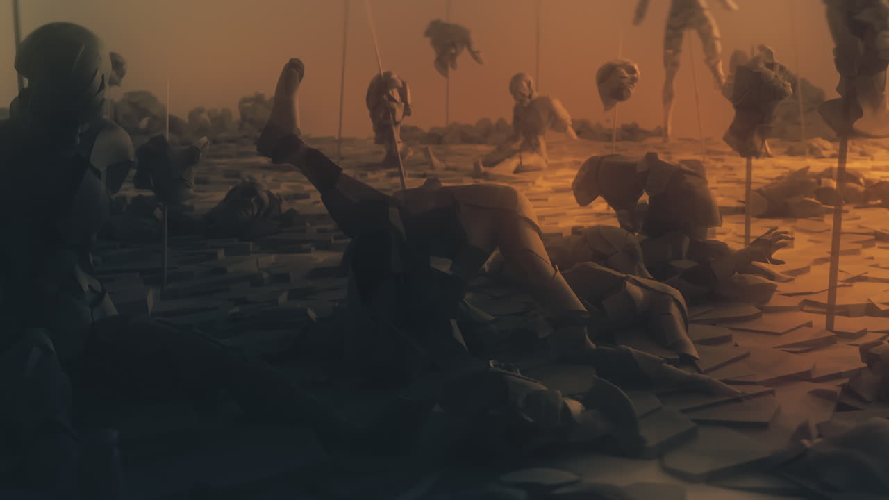 Destroyed andorids on a junkyard in yellow light