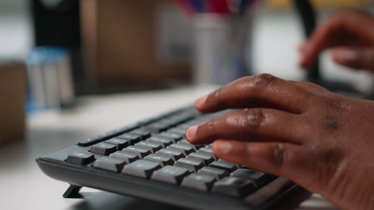 Vertical Video Close up of black employee scanning airway bill tags barcodes