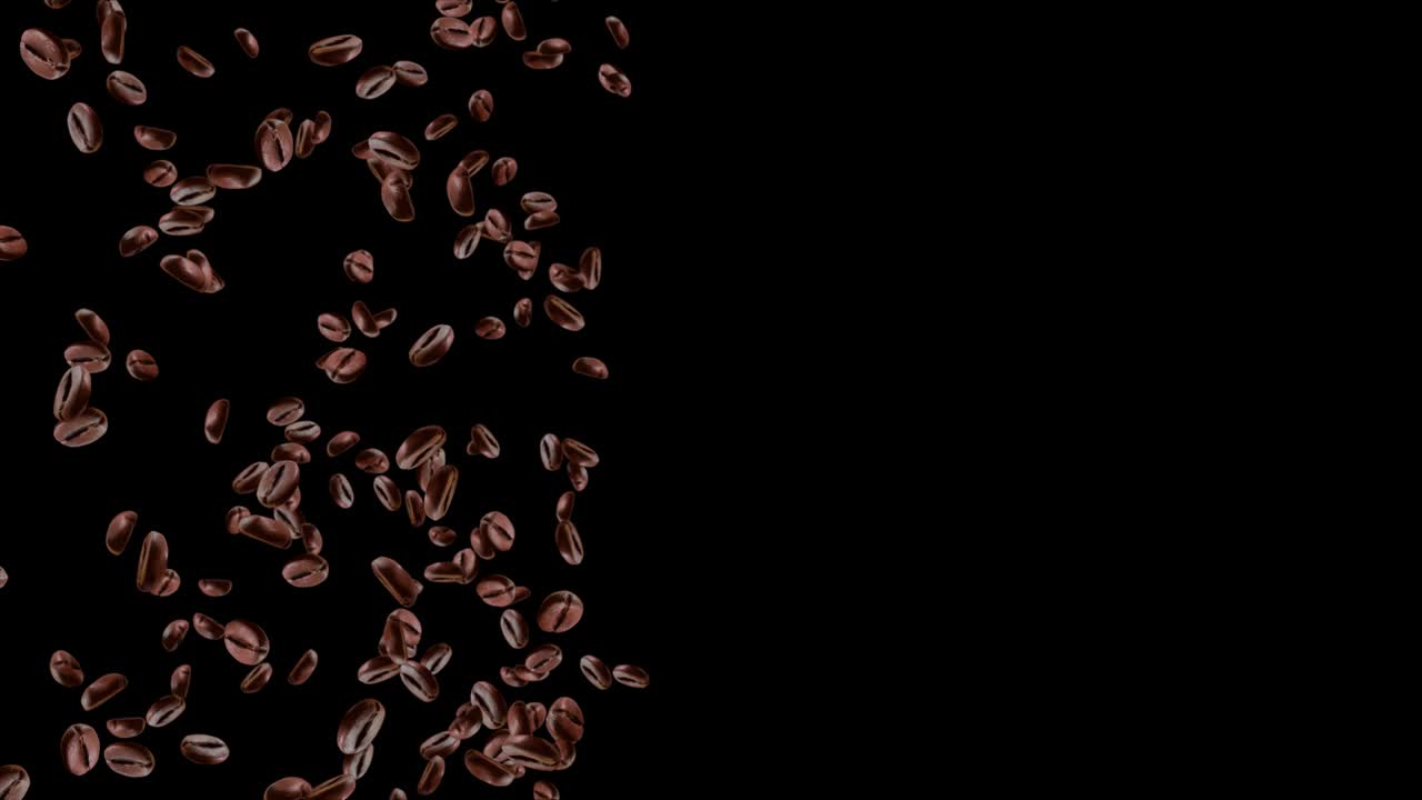 Chicchi di caffè che cadono in loop 3D, onda fluttuante con messa a fuoco in primo piano. Sfondo astratto scuro.