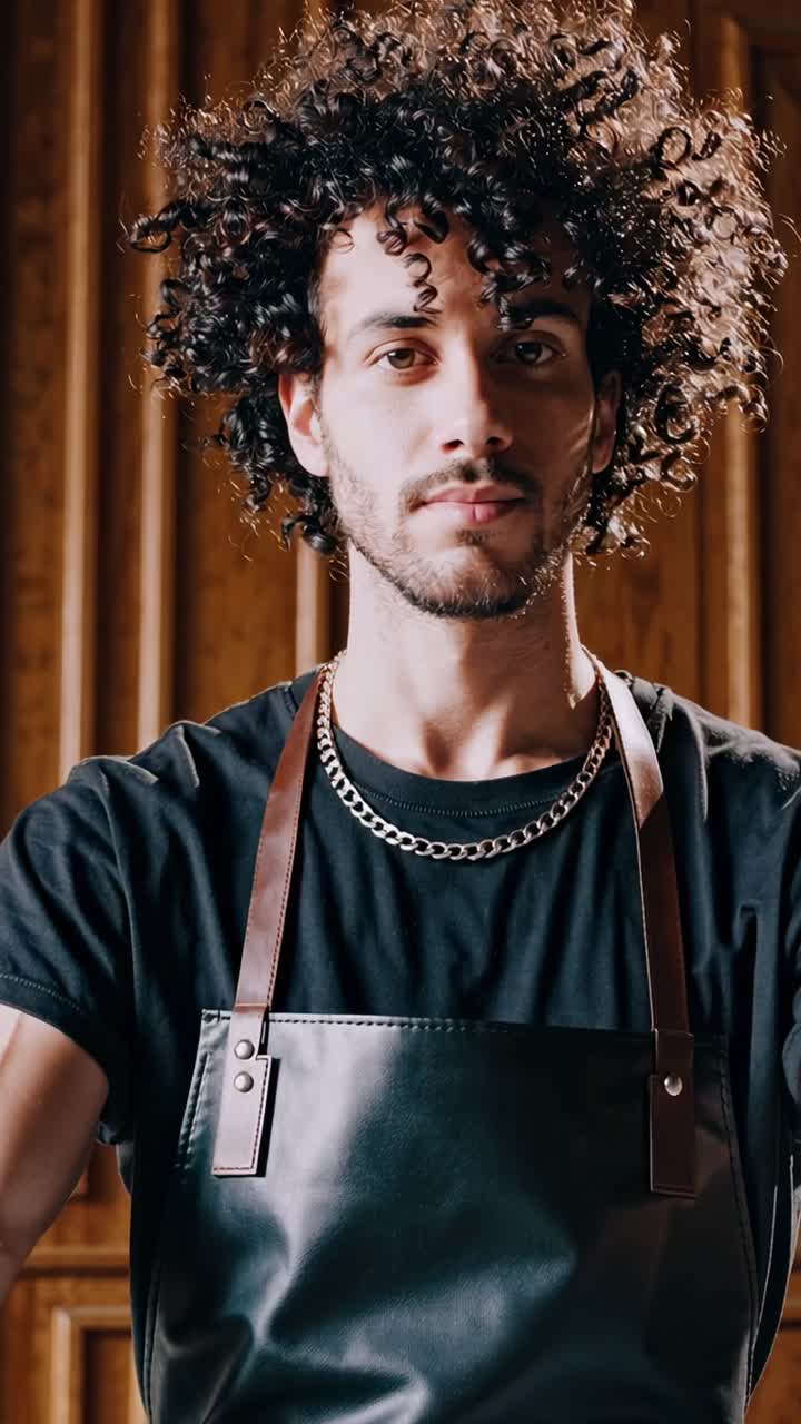 Portrait of a young male barista wearing a black apron and silver chain, standing in a coffee shop with a wooden background, exuding confidence and professionalism