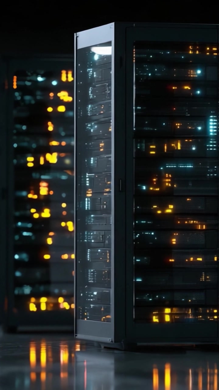 A High-Technology Data Center Showcasing Illuminated Server Racks Filled with Efficient Computing Equipment and Vibrant Light Patterns in a Modern Environment.