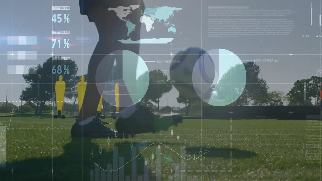 Animation of data processing over diverse soccer players exercising at stadium