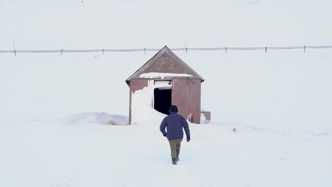 stable shot, man walking through snow towards snowy cabin, white scenery