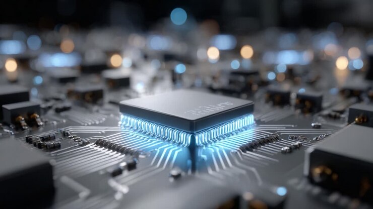 A Close-Up View of a High-Tech Microchip Surrounded by Intricate Circuitry, Showcasing Advanced Technology and Innovation in Computing