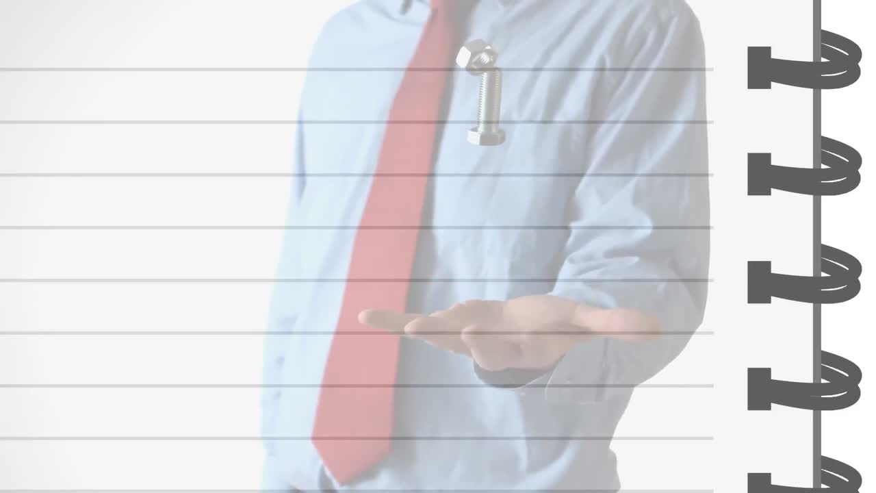 ビジネスマンがナットとボルトを投げ,捕まえる中間部分の上に空のノートブックページのアニメーション