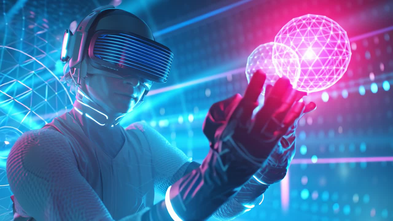 Futuristic virtual reality scene featuring a user immersed in an interactive digital environment, engaging with glowing holographic elements and showcasing advanced technology in action