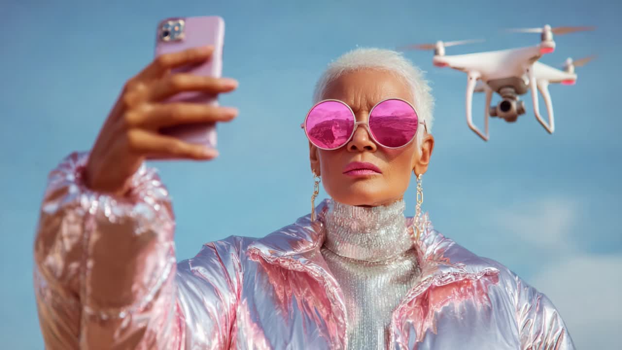 A modern fashionista captures a selfie with a drone hovering nearby, showcasing a blend of technology and style in a vibrant, eye-catching setting under a clear blue sky