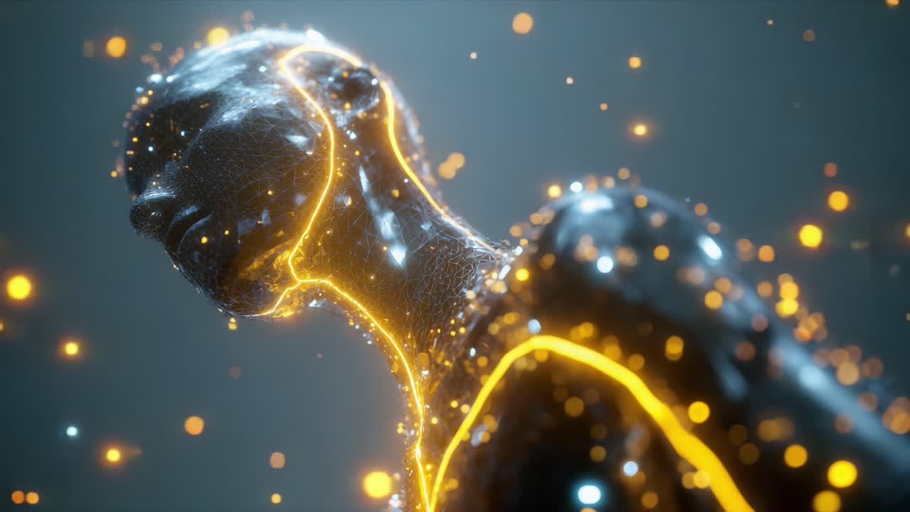 A Futuristic Representation of a Human-Like Figure with Glowing Energy Streams and Particles Creating a Visual Symphony of Technology and Humanity