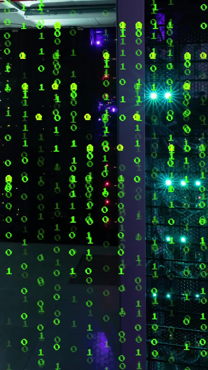 Animation of binary coding, data processing over computer servers