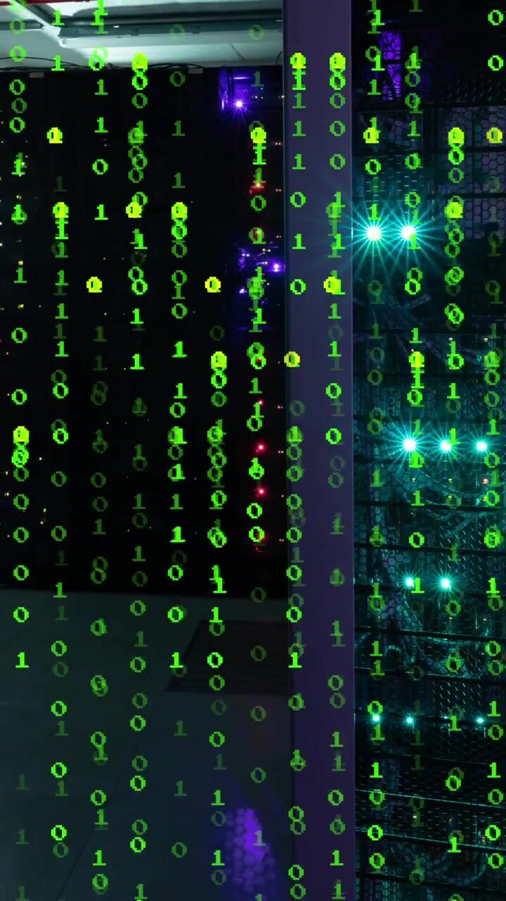 Animation of binary coding, data processing over computer servers