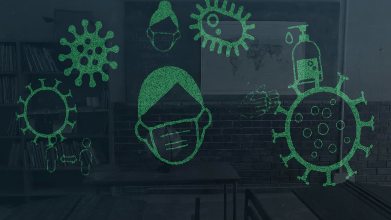 iconos del concepto de coronavirus contra el aula vacía