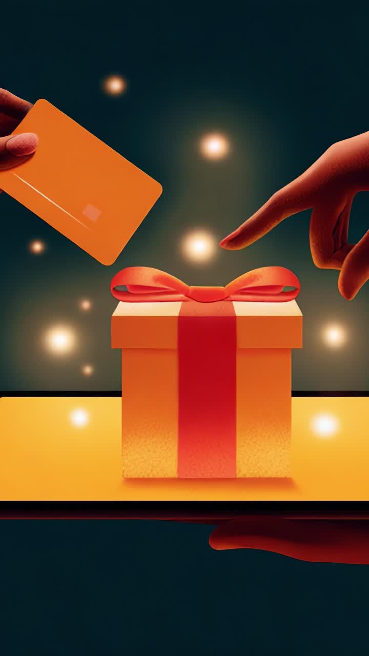 Un magico momento di attesa: mani che si protendono verso una confezione regalo con un biglietto in un bagliore incantevole, catturando la gioia di fare e ricevere sorprese