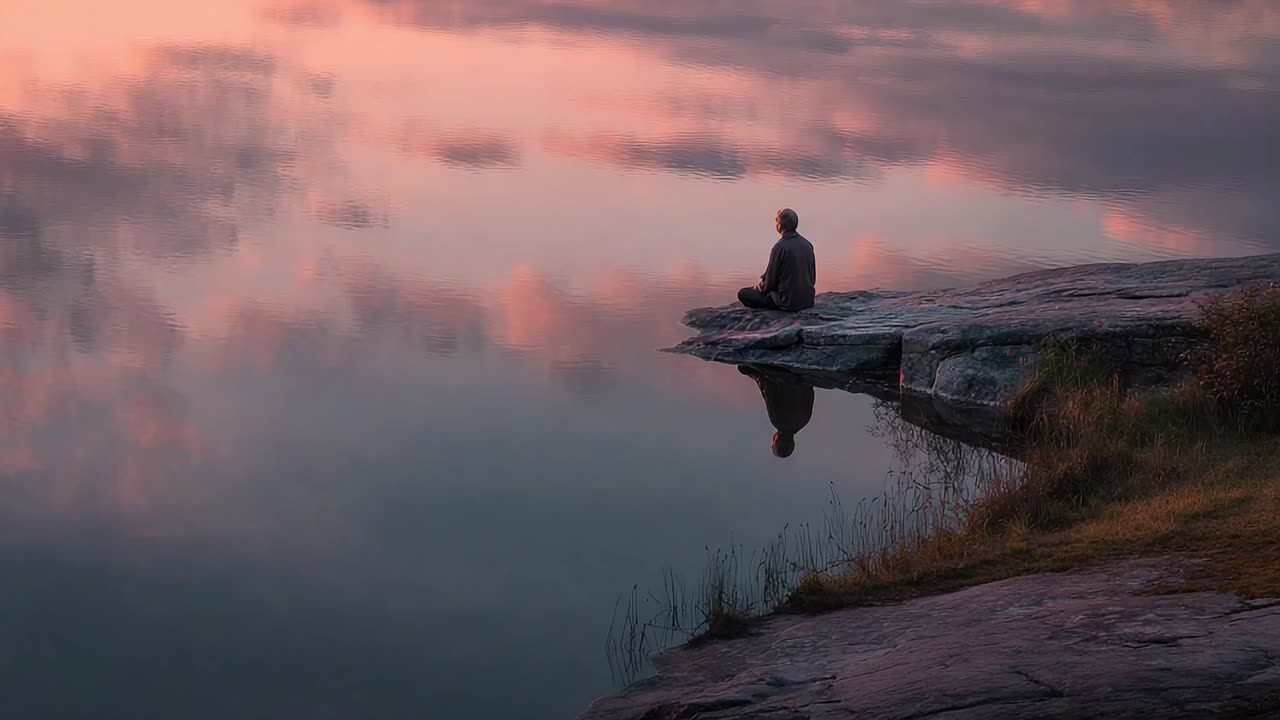 Calm reflection by the water during sunset in serene nature
