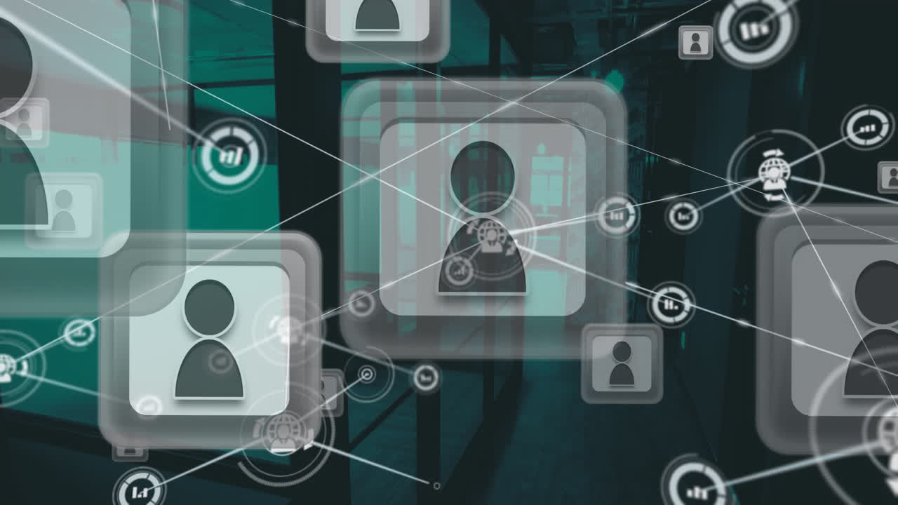 Animation of network of connections with icons over cityscape