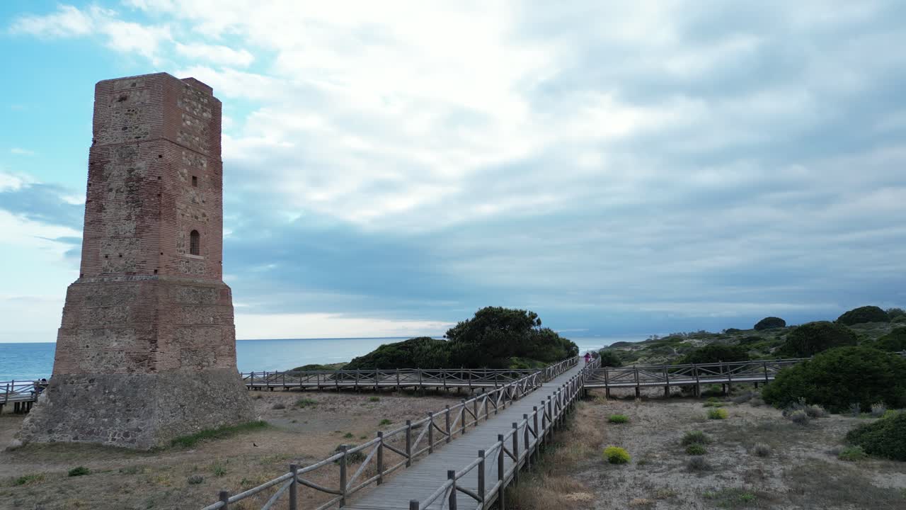 Drone video of a beach in southern Spain, where people enjoy taking a walk along a wooden path along the beach.