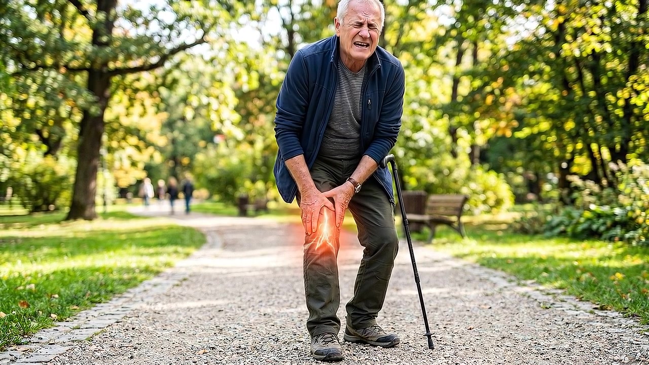 Uomo anziano che soffre di dolore al ginocchio al parco.