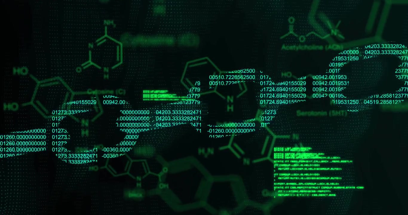 Animation of scientific data and block chain on black background