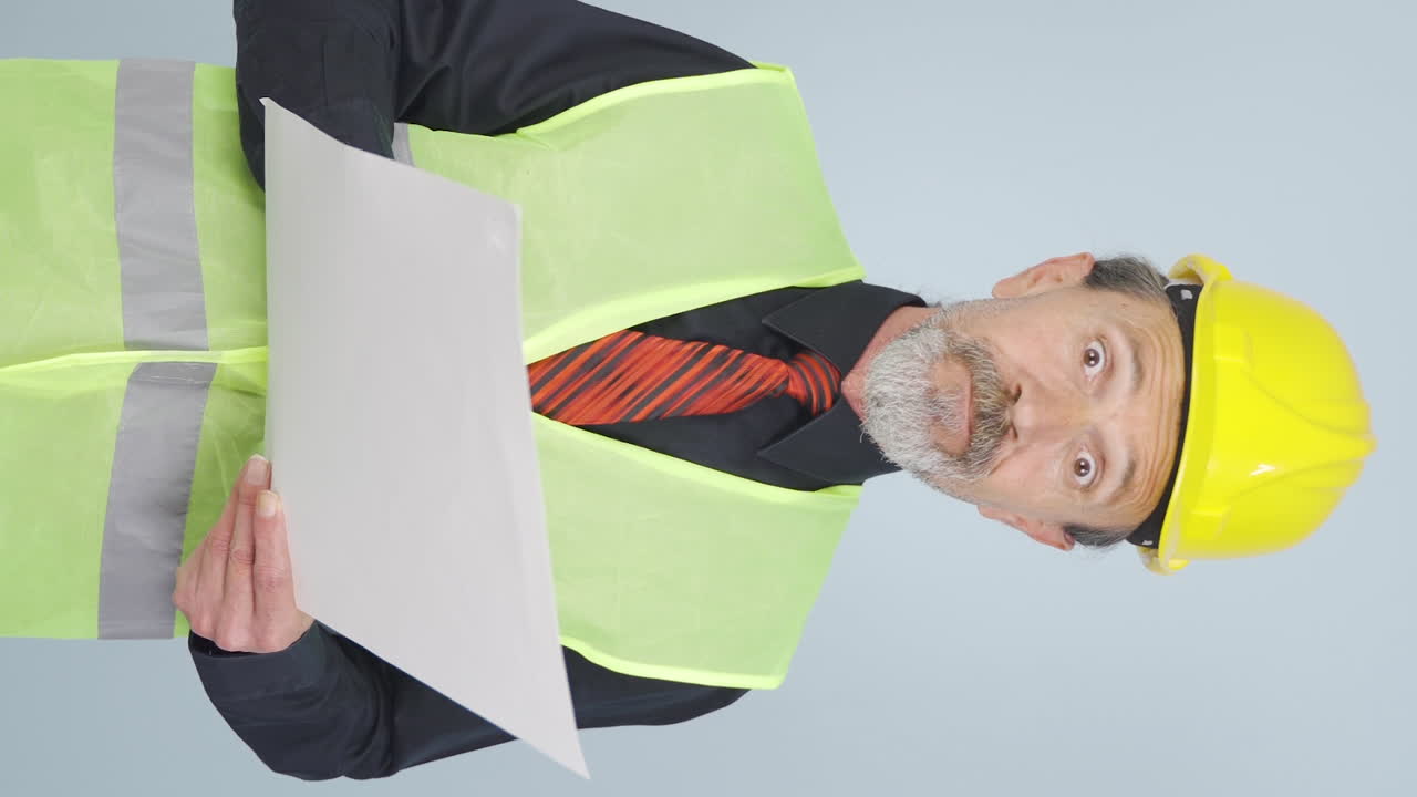 vídeo vertical del viejo ingeniero escucha a la cámara y no aprueba.