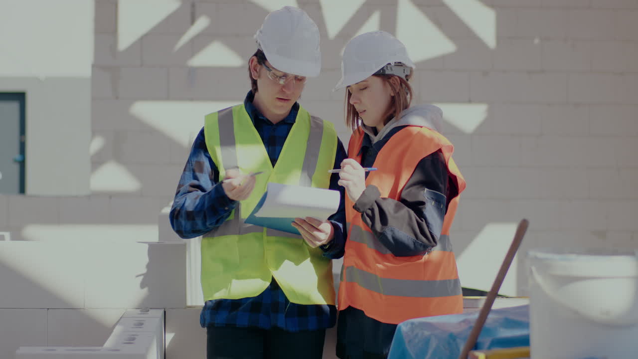 Young male and female coworkers wearing hardhats writing on clipboard while discussing together at construction site