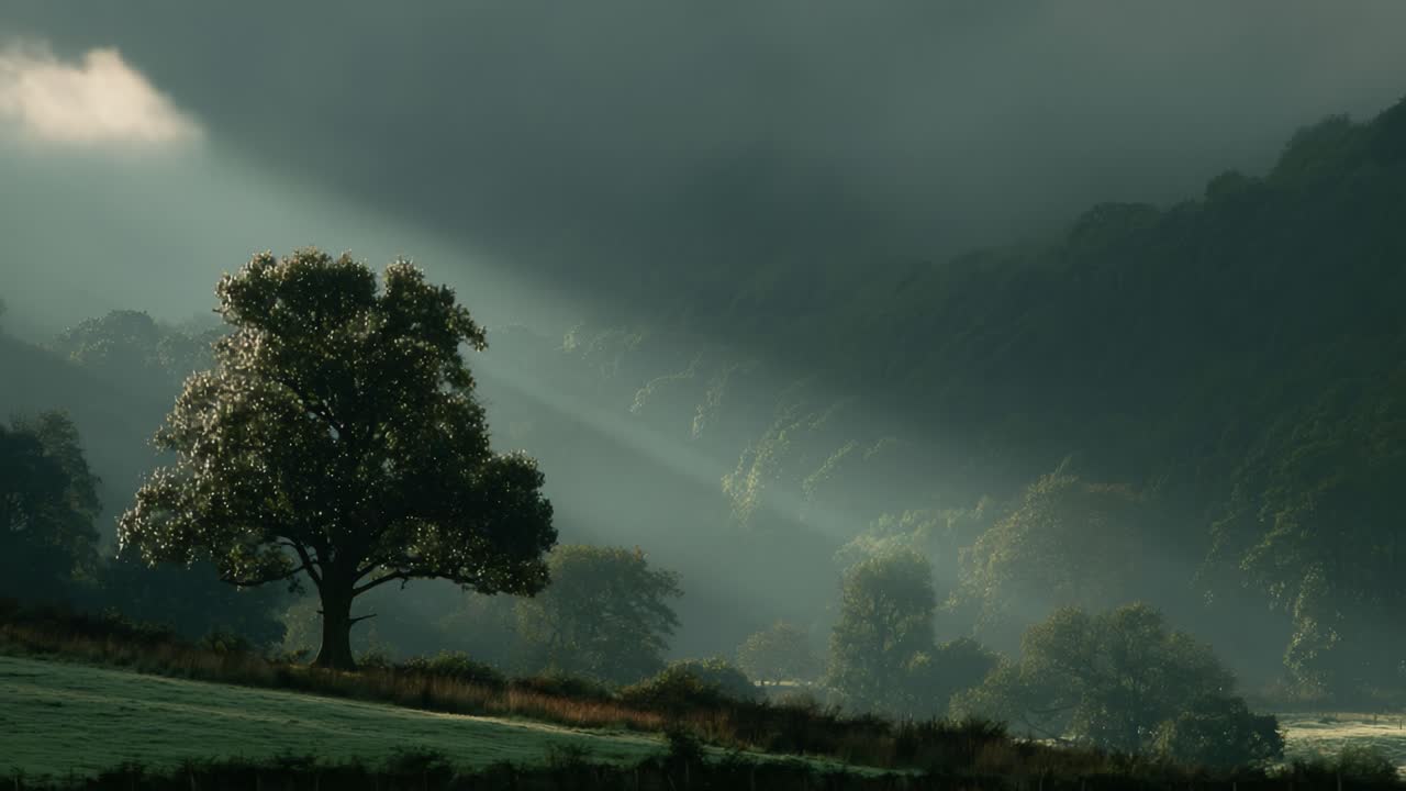 A Majestic Tree Standing Alone Under Dramatic Cloudy Skies with Radiant Sunbeams Filtering Through the Forest, Creating an Enigmatic Atmosphere in Nature's Embrace