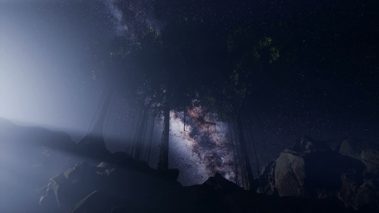 열대 우림 위에 있는 은하계의 4k 아스트로.