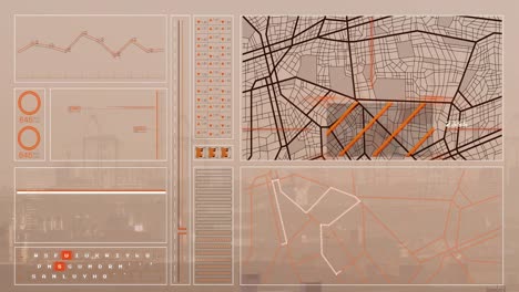 animation of graph, loading circles, bars, navigation pattern and computer language over modern city