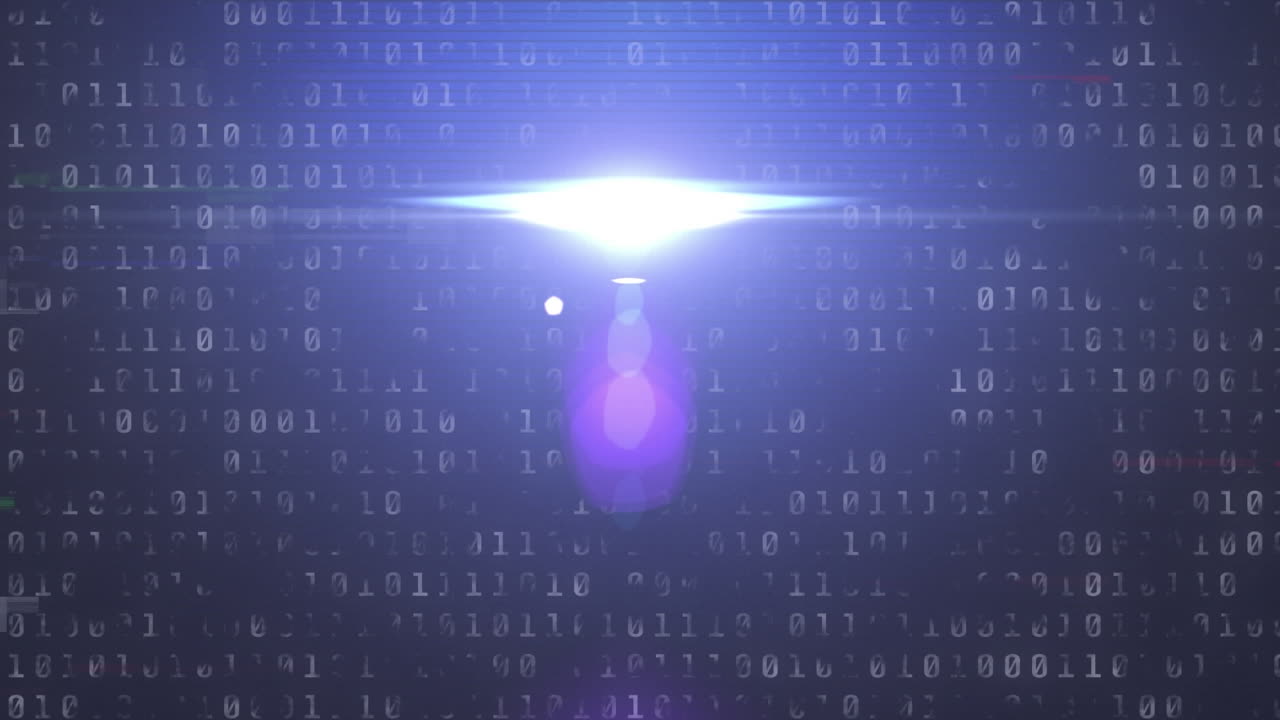Animation of light moving over binary data processing on dark blue lined screen background