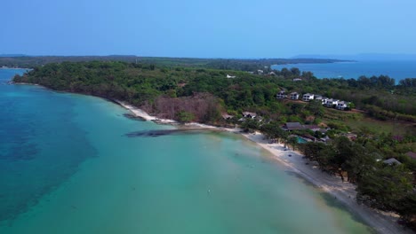 Koh Mak tropical beach meeting turquoise water under blue sky in Thailand. Nice aerial view flight speed ramp hyper motion time lapse
