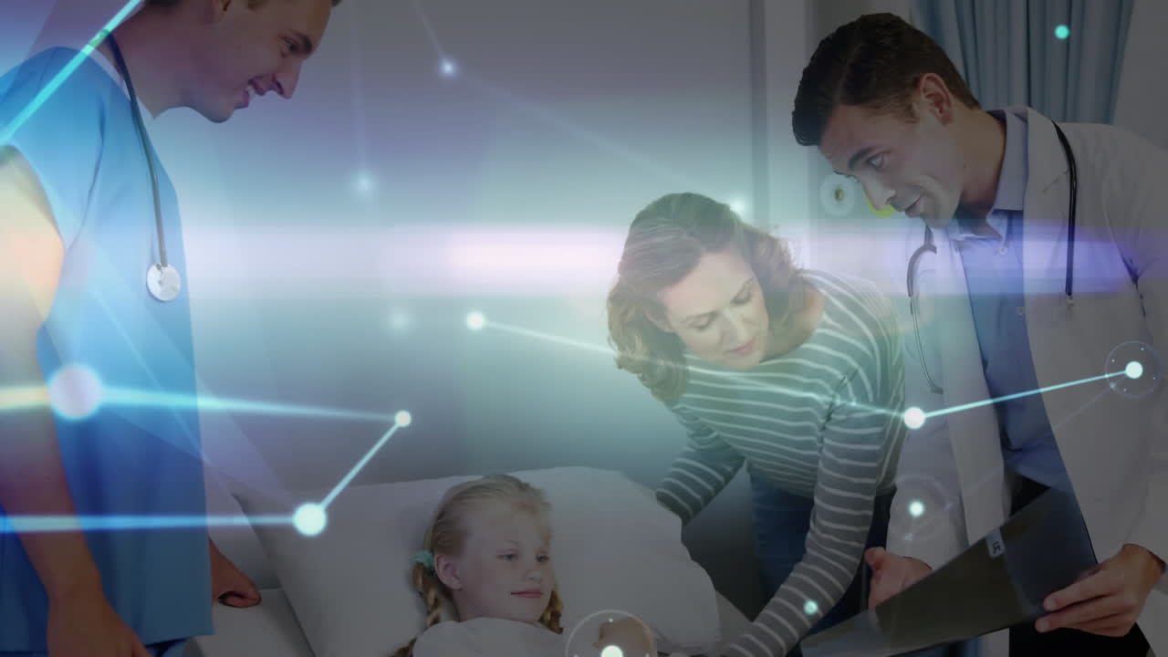 디지털 애니메이션은 환자와 스레이를 논의하는 의사를 강조하며 글로벌 의학을 강조합니다.