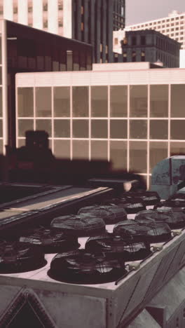 close-up of an air conditioner unit on a rooftop in a city