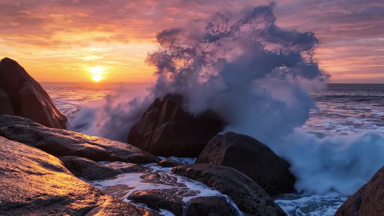 Tramonto ipnotizzante su una costa rocciosa: una vista serena di onde che si infrangono contro la pietra, catturando la tranquillità e la bellezza della natura.
