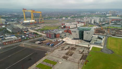 aerial of titanic belfast, northern ireland on a moody day