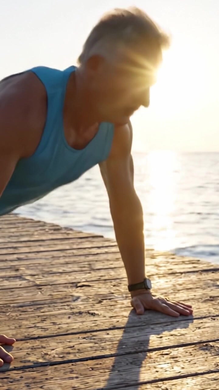 An Individual Engaged in Push-Up Exercise on a Scenic Waterfront, Emphasizing Fitness and Strength Training Amidst a Beautiful Sunrise Setting