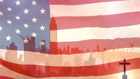 animation of christian cross over waving flag of usa and cityscape
