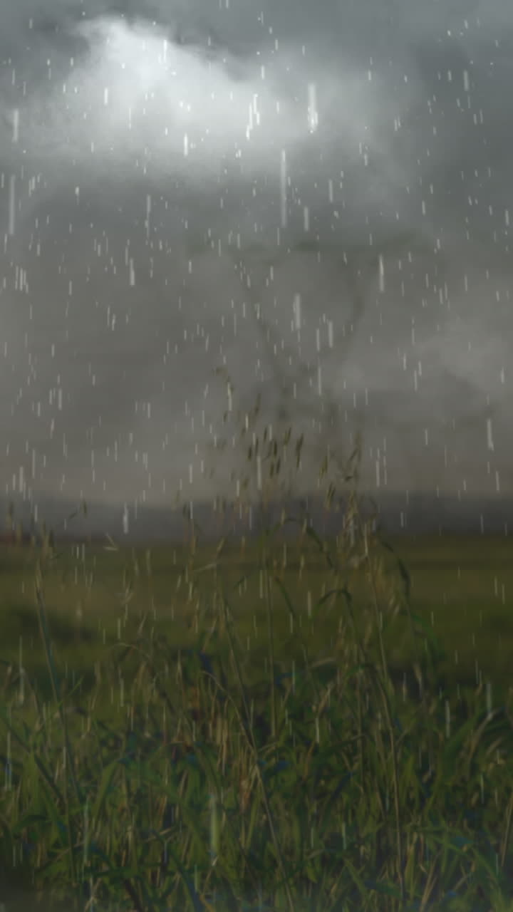 animación de lluvia fuerte, tormenta con rayos y nubes grises sobre torres eléctricas