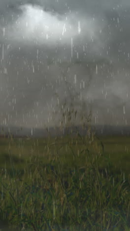 animatie van zware regen, storm met bliksem en grijze wolken over elektrische pylonen