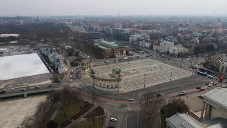 4k drone shot over heroes square in budapest hungary during a foggy day 1