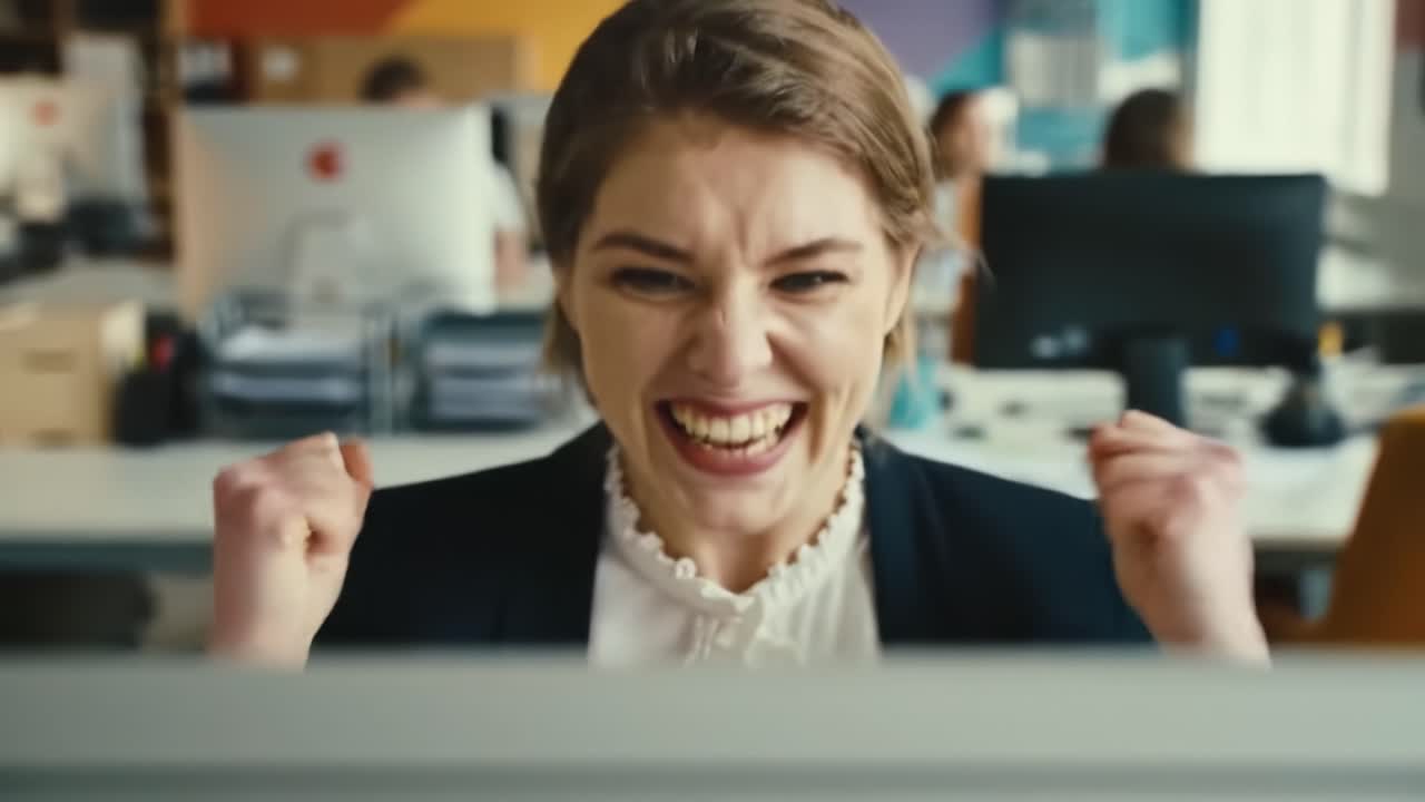 A woman expresses joy and excitement while working in a modern office. Her fist pumps and broad smile show her triumph as coworkers remain focused on their tasks.