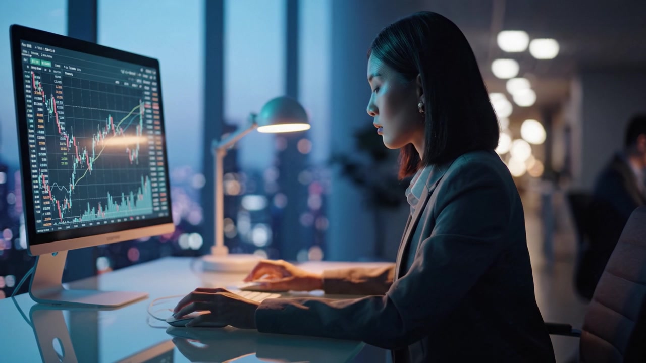 Focused Professional Analyzing Market Trends on Computer Display in a Modern Office Setting During Evening Hours with Cityscape Background