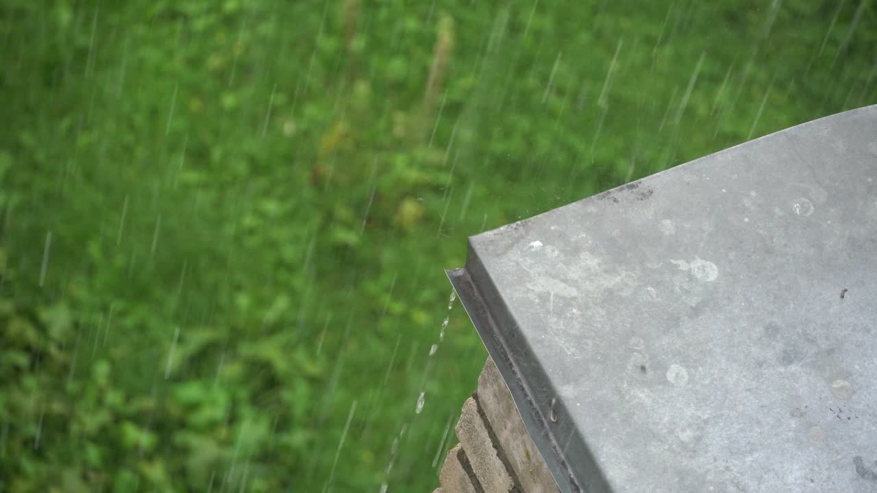 la lluvia cae y cae en el drenaje en el techo de la casa. altura.